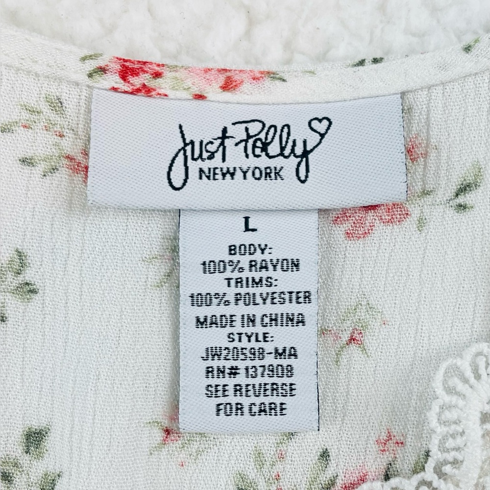 JUST POLLY • White/Multi Floral Print Lace Trim Bell Sleeve Cropped Blouse, L - Picture 12 of 14
